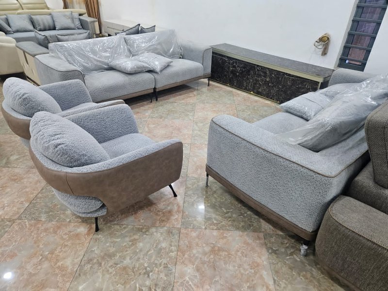 Modern Grey Bouclé & Tan Leatherette Accent Living Room Sofa Set