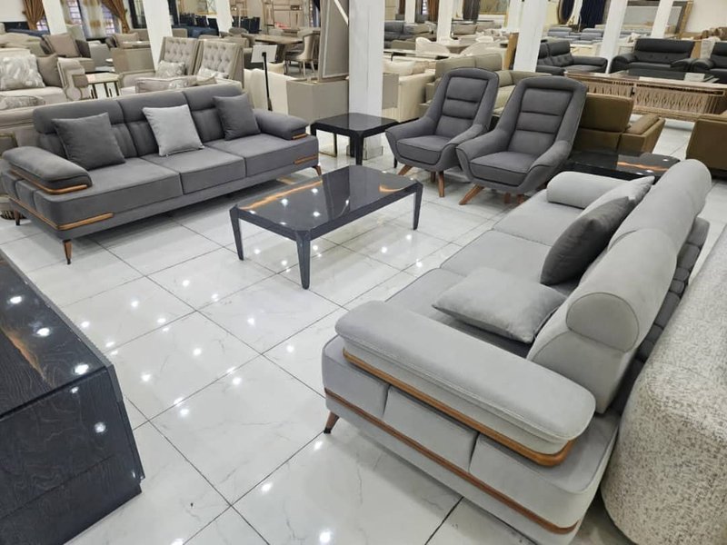 Modern Dual-Tone Charcoal & Light Grey Fabric Sofa Set with Wood Trim
