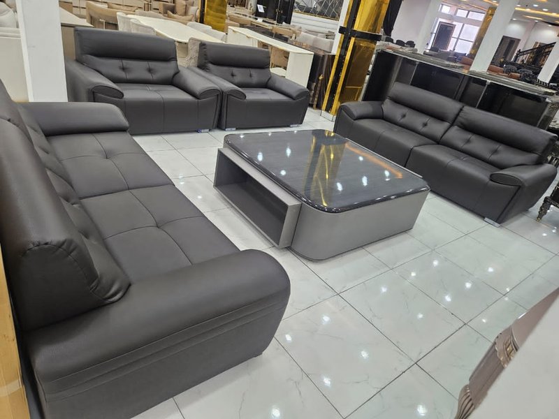 Modern 8-Seater (3-3-1-1) Charcoal Grey Leatherette Living Room Sofa Set
