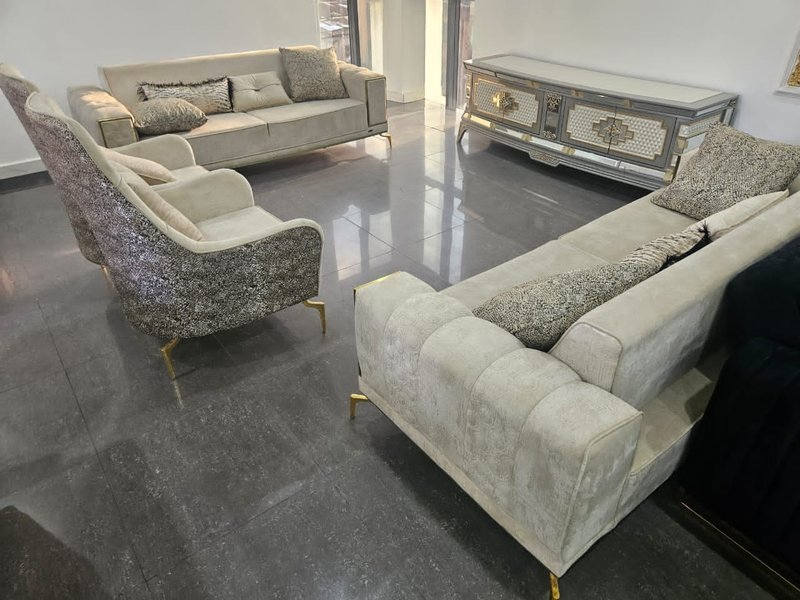 Luxury 8-Seater (3-3-1-1) Beige Suede & Metallic Pattern Accent Sofa Set
