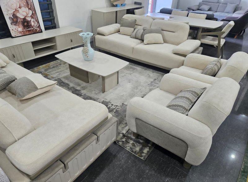 Modern 8-Seater (3-3-1-1) Cream & Taupe Plush Fabric Complete Living Room & Dining Suite