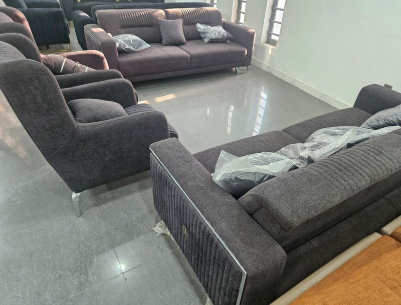 Modern 8-Seater (3-3-1-1) Charcoal Grey & Purple Textured Fabric Sofa Set