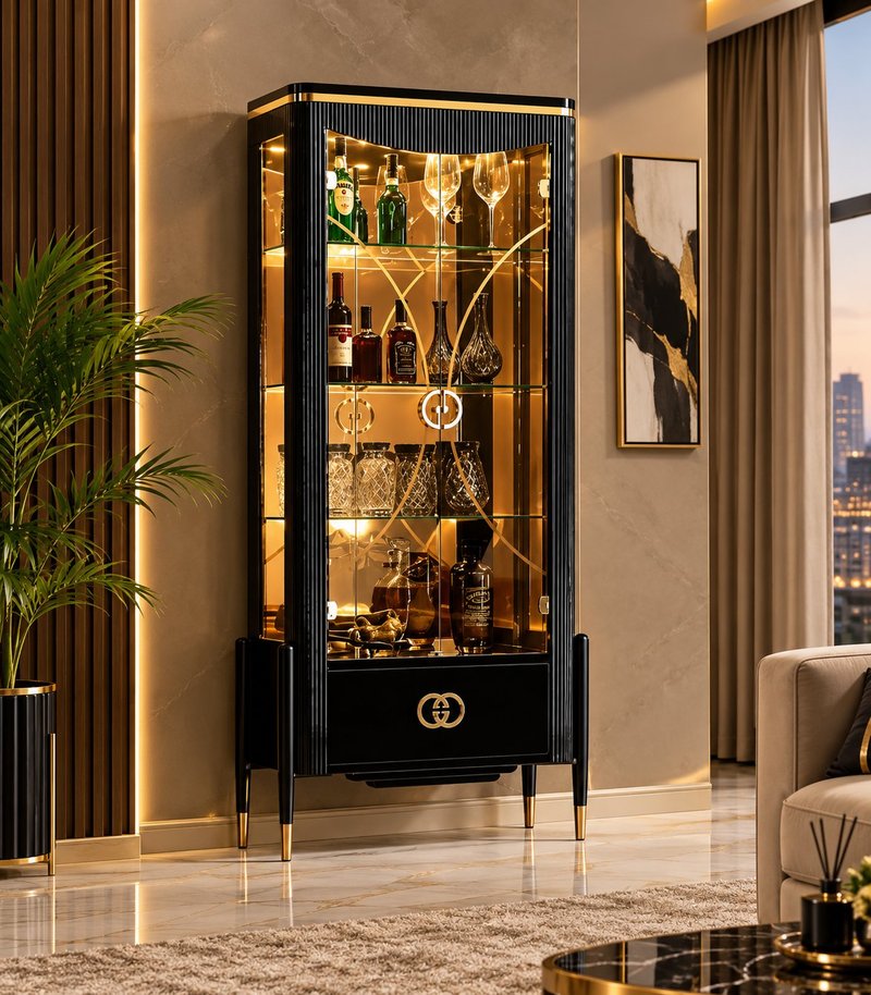 Luxury Black & Gold Fluted Wine Display Cabinet