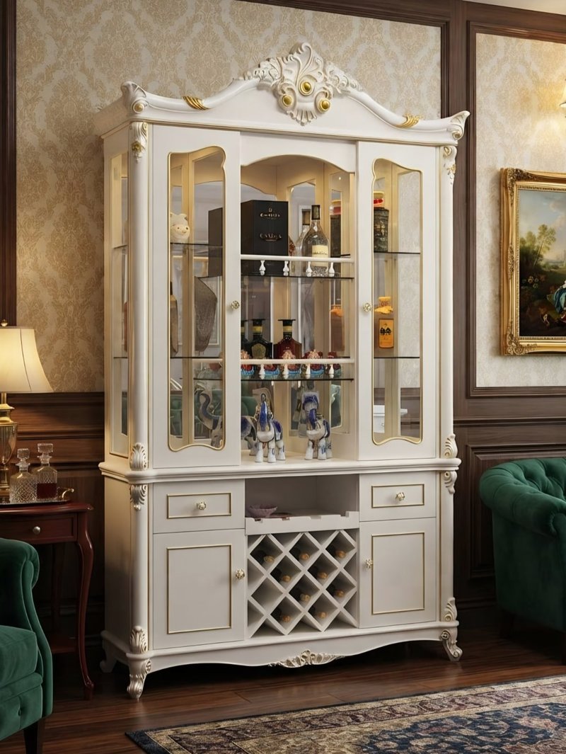 Royal European Carved Wine Cabinet & Glass Display Hutch
