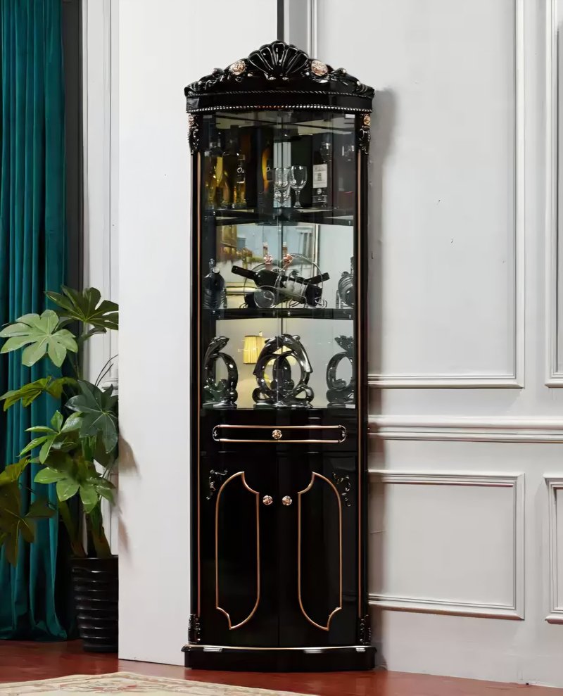 Royal Black & Gold Carved Corner Wine Cabinet