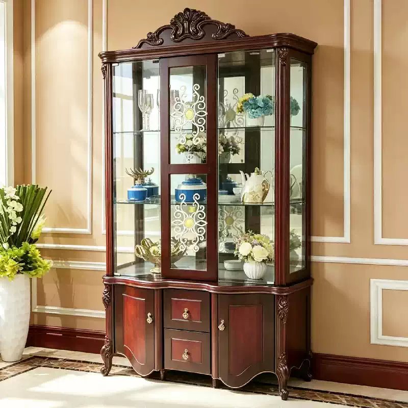 Classic European Carved Mahogany Wine Cabinet & Glass Display Hutch