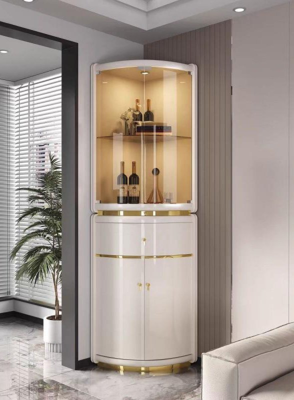 Modern Minimalist Curved White & Gold Corner Bar Cabinet
