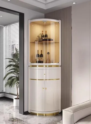 Modern Minimalist Curved White & Gold Corner Bar Cabinet
