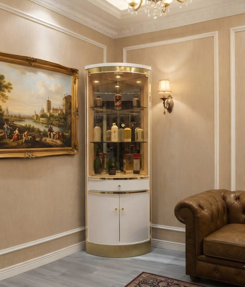 Modern Luxury White & Gold Curved Corner Display Cabinet