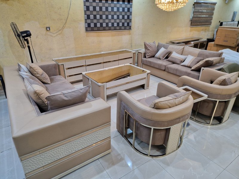 Modern Luxury Cream & Beige Sofa Set with TV Stand, Coffee Table & Side Stools