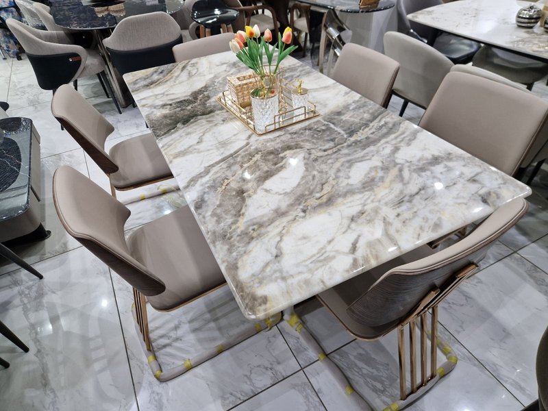 Modern Luxury Faux Marble Dining Table Set with Gold Accent Chairs