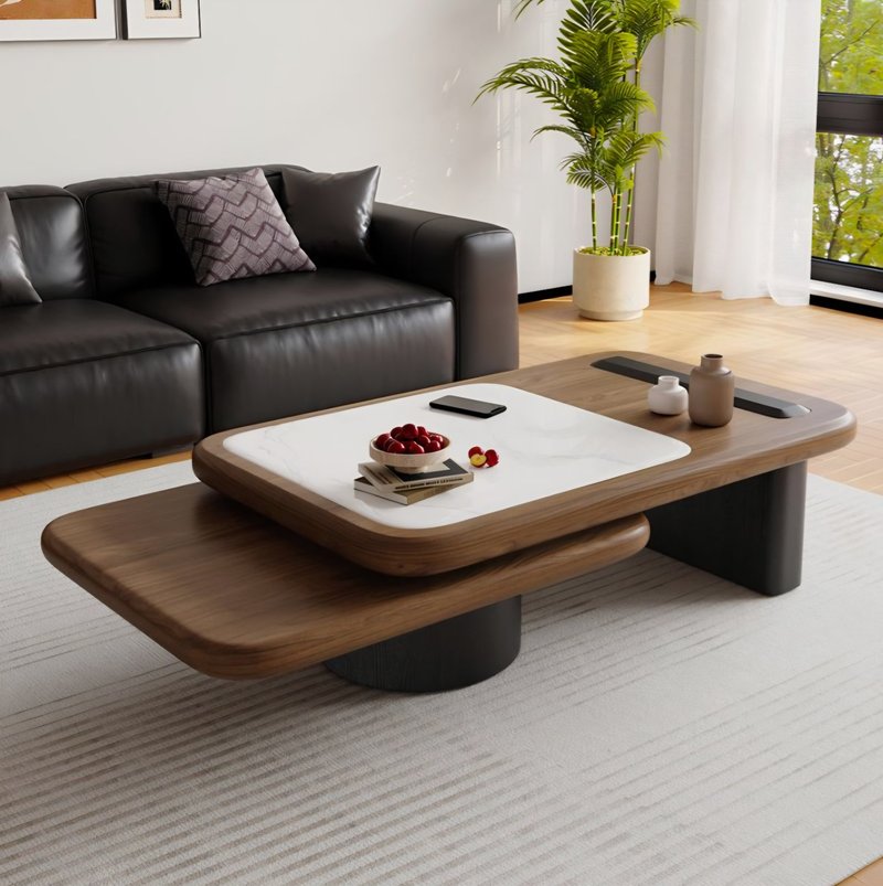 Contemporary Two-Tier Walnut & Marble Coffee Table