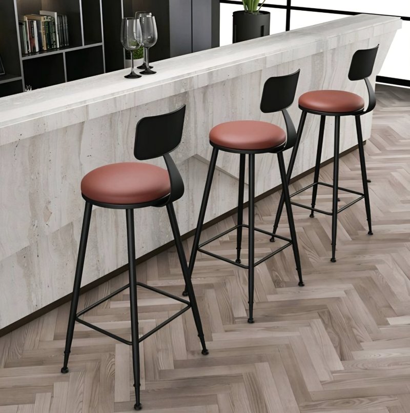 Modern Industrial Bar Stool with Terracotta Leatherette Seat & Backrest