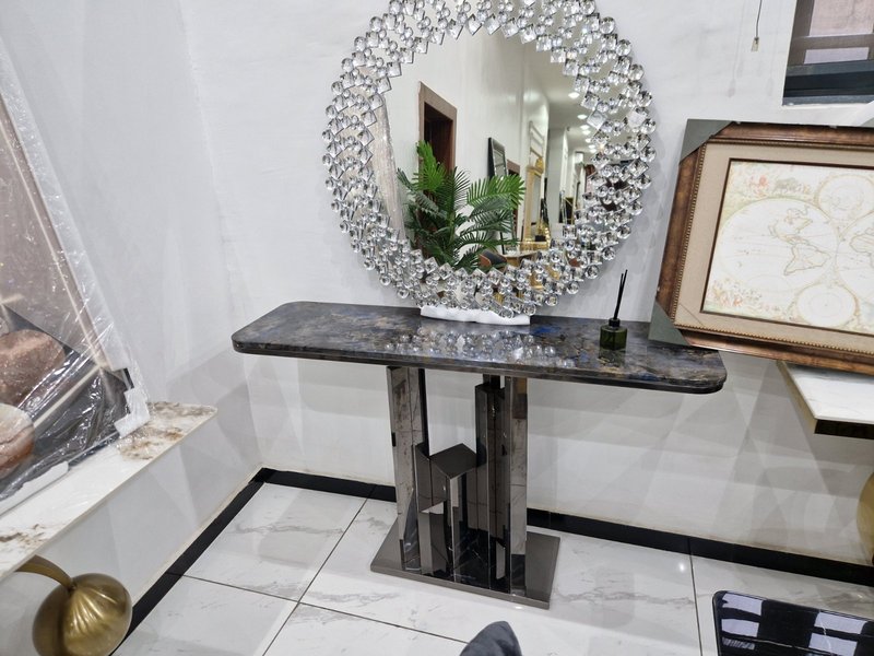 Luxury Dark Marble Top Console Table with Mirrored Geometric Base