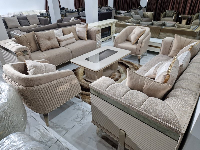 Luxury Champagne Beige Fabric Sofa Set with Gold Accents & Fluted Detailing