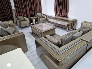 Royal Metallic Bronze Upholstered Living Room Suite with Woven Panel Detailing
