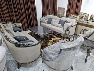 Luxury Antique Walnut & Gold Carved Sofa Set – Button-Tufted Classic Design