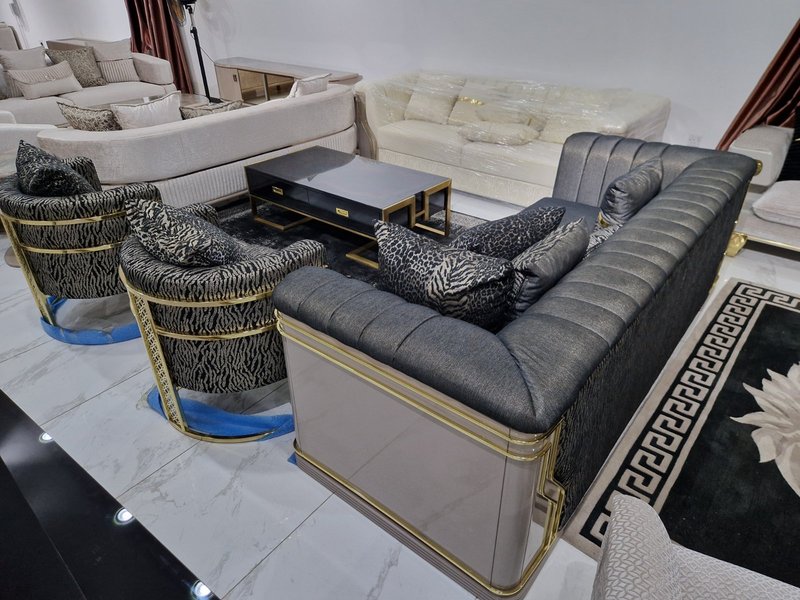 Majestic Noir & Gold Signature Living Room Suite with Zebra-Print Accent Chairs