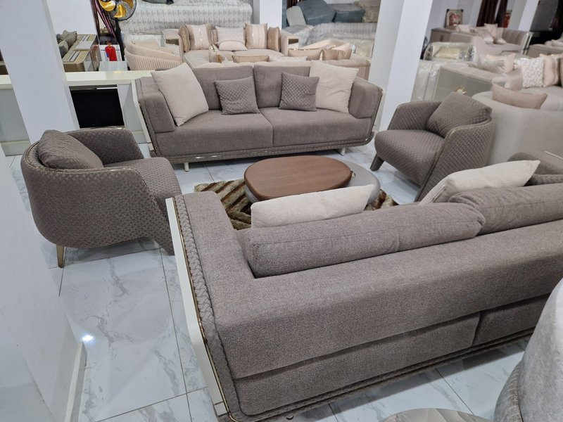 Contemporary Warm Grey Upholstered Living Room Suite with Curved Accent Armchairs