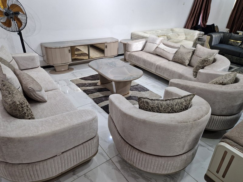 Champagne Beige Velvet Living Room Suite with Fluted Base & Marble-Top Tables