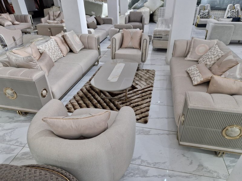 Luxury Cream Beige Upholstered Living Room Suite with Gold Metallic Medallions