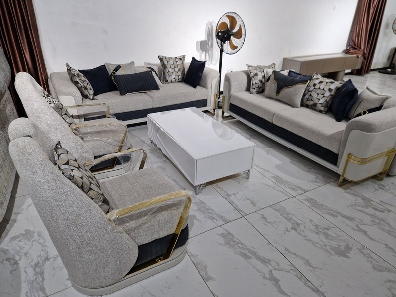 Contemporary Light Grey & Navy Blue Living Room Sofa Suite with Gold Metal Frame Accents