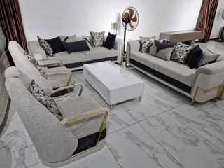 Contemporary Light Grey & Navy Blue Living Room Sofa Suite with Gold Metal Frame Accents