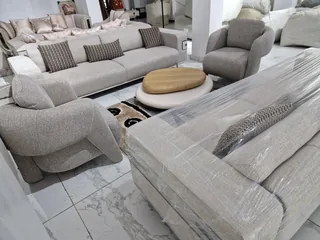 Contemporary Textured Beige Fabric Living Room Suite with Sculptural Tub Armchairs