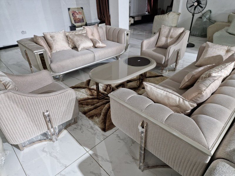 Luxury Champagne Beige Textured Fabric Sofa Suite with Silver Chrome Accent Framing