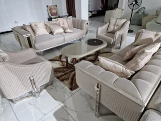 Luxury Champagne Beige Textured Fabric Sofa Suite with Silver Chrome Accent Framing