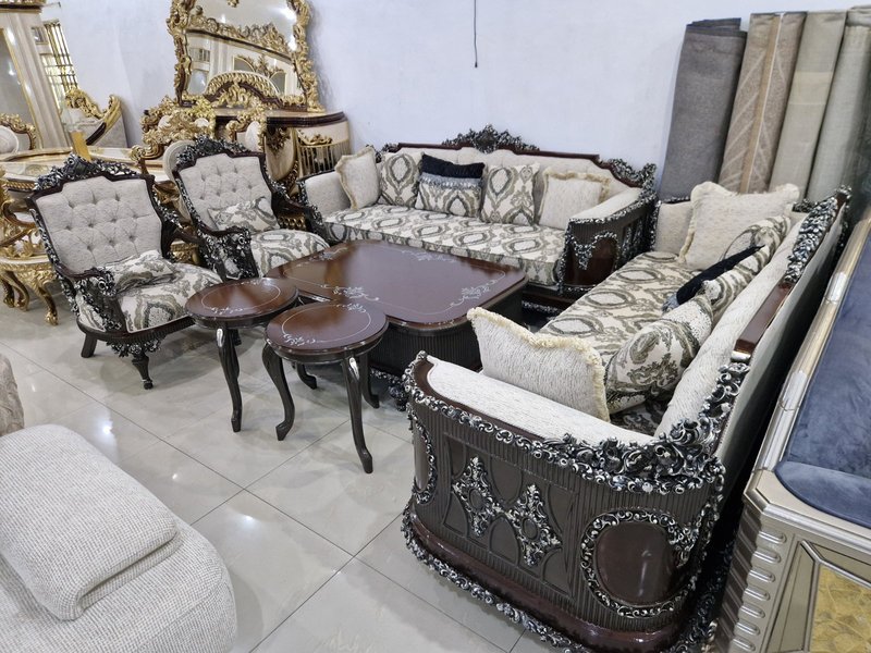 Royal Dark Mahogany & Silver Carved Living Room Suite with Button-Tufted Upholstery