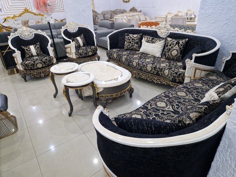 Royal Baroque Black & Gold Curved Living Room Suite with Cream Marble-Top Tables