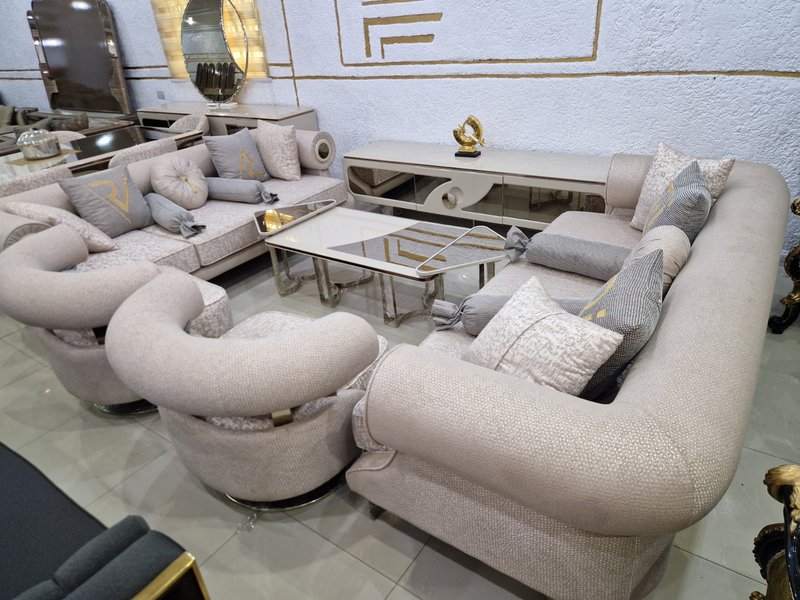 Contemporary Blush Beige Living Room & Dining Suite with Gold Frame Accents