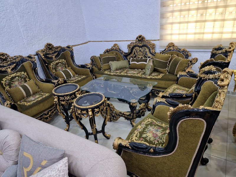 Royal Baroque Olive Green & Gold Carved Living Room Suite with Floral Gobelin Tapestry