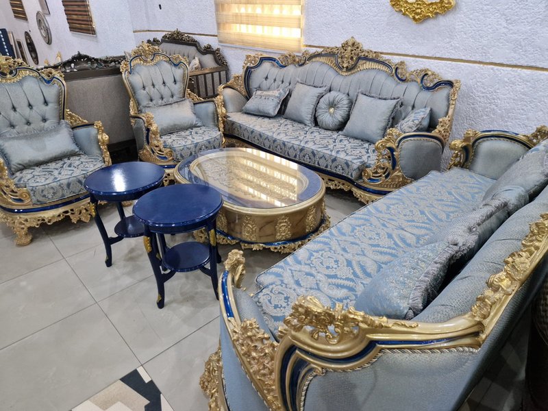 Royal Baroque Sky Blue & Royal Blue Velvet Living Room Suite with Gold Carvings