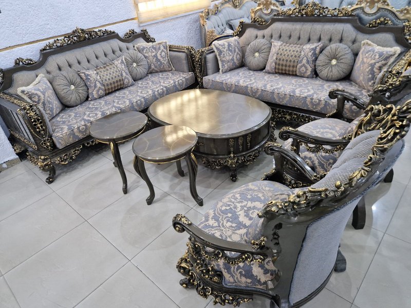 Royal Baroque Charcoal & Gold Carved Living Room Suite with Slate Blue Damask Upholstery