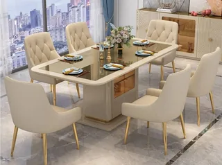 Opulent Glass-Top Dining Table Set with Integrated Cabinet & Gold-Leg Upholstered Chairs