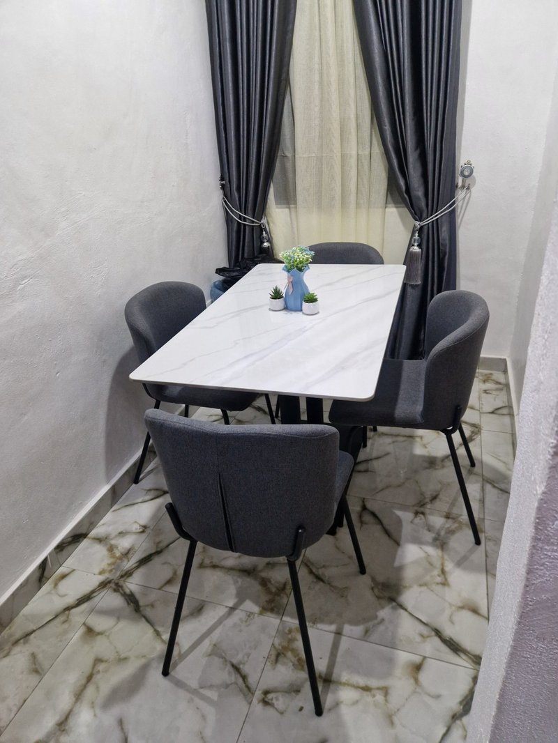 Modern White Faux Marble Dining Set with 4 Charcoal Grey Chairs
