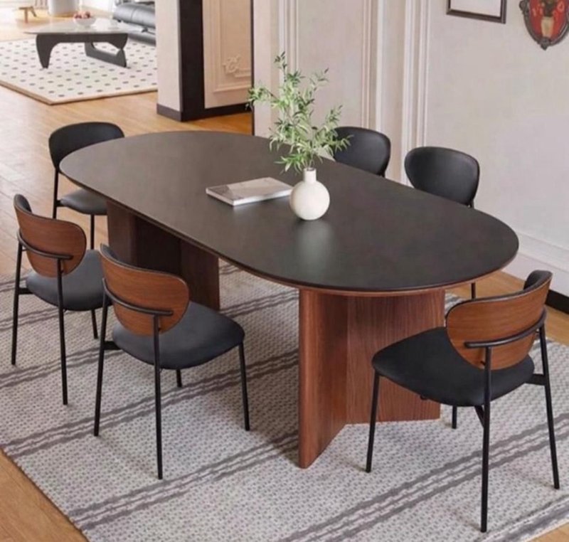 Nordic Oval Wood-Grain Dining Table Set with 6 Chairs