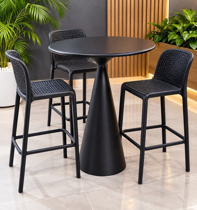 Modern All-Black Pedestal High-Bar Table Set with 3 Woven Stools