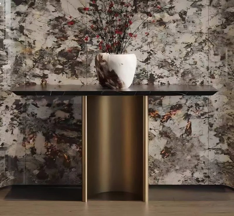 Luxury Black Marble Console Table with Brushed Brass Pedestal