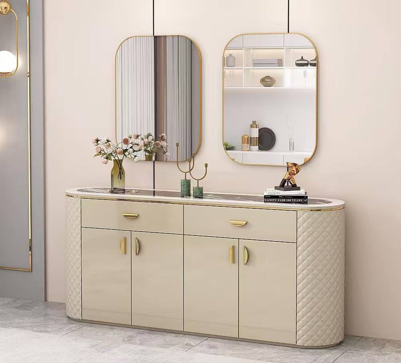 Modern Diamond-Quilted Cream Sideboard Credenza Set with Twin Accent Mirrors