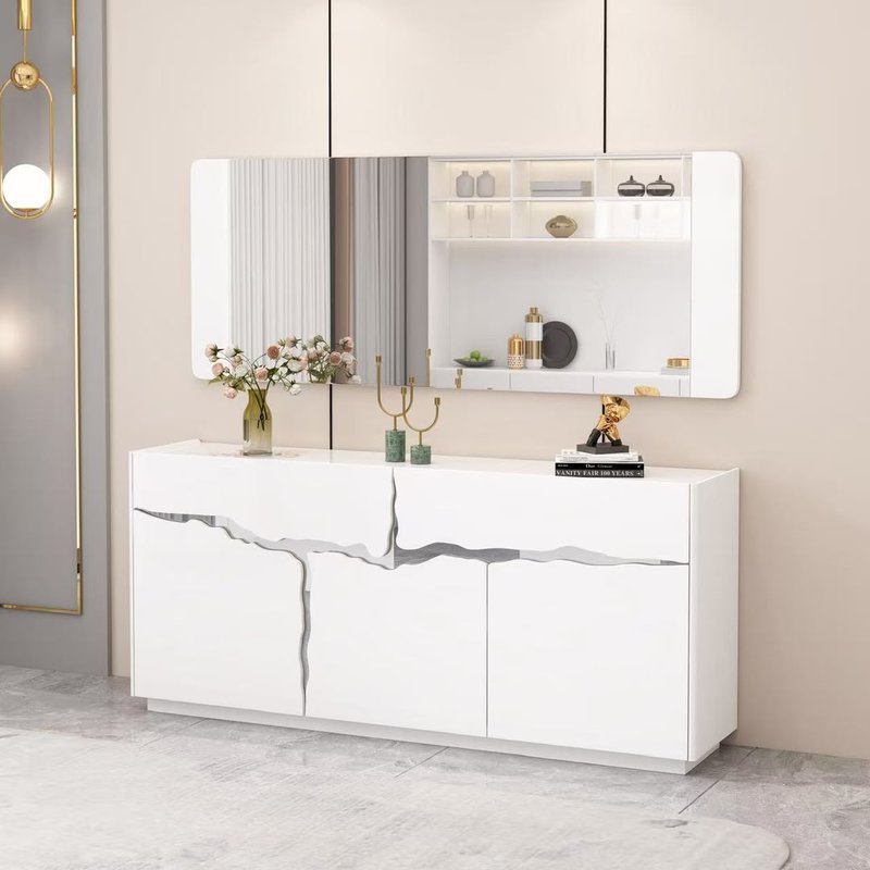 Lumina Modern White Sideboard Credenza with Wall-Mounted Display Mirror