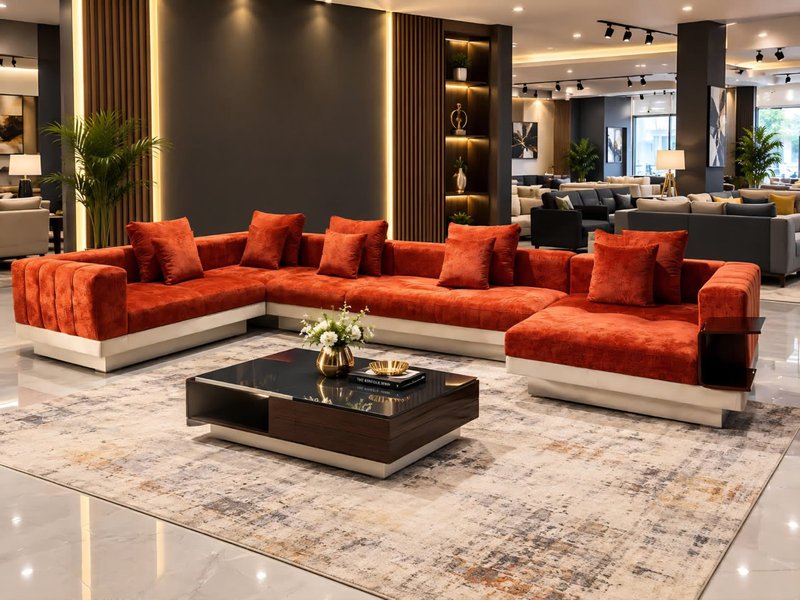 Modern Luxury Rust Orange Velvet U-Shaped Sectional Sofa Set