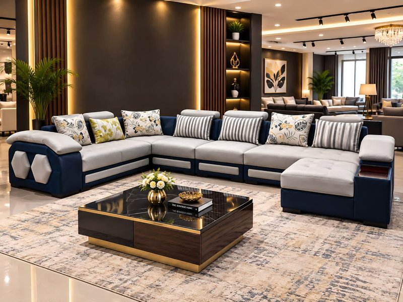 Modern Grand Royal Blue & Light Gray U-Shaped Sectional Sofa Set