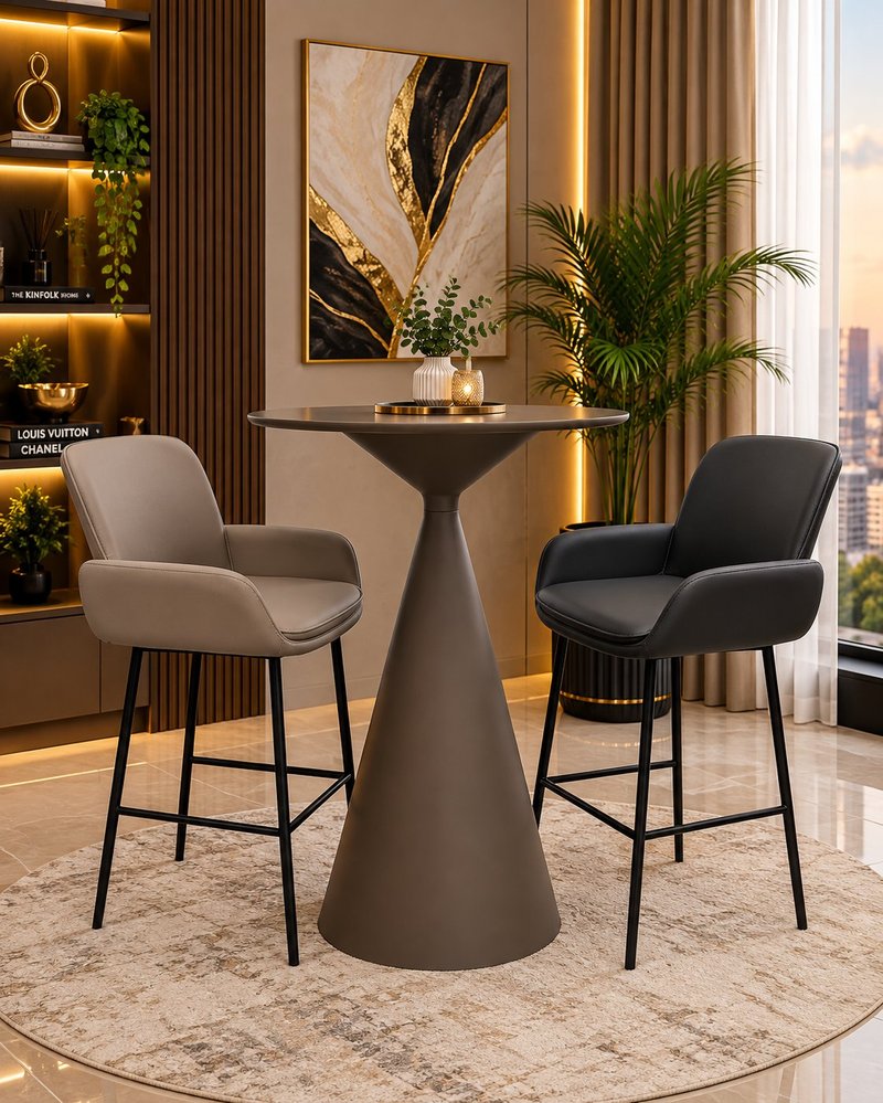 Modern Conical Pedestal High-Bar Table Set with 2 Leatherette Stools