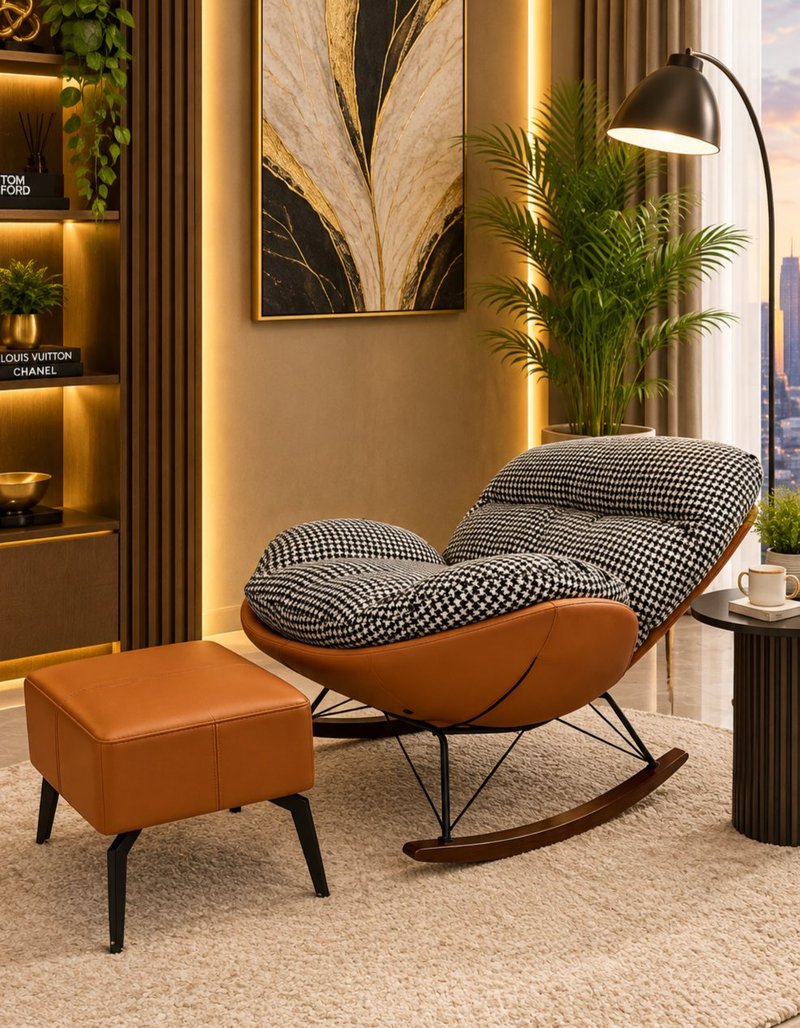 Modern Houndstooth Rocking Lounge Chair with Matching Ottoman Set