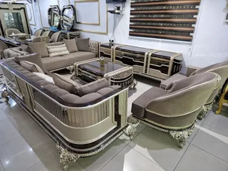 Royal Turkish High-Gloss Dark Walnut & Gold Living Room and Dining Suite
