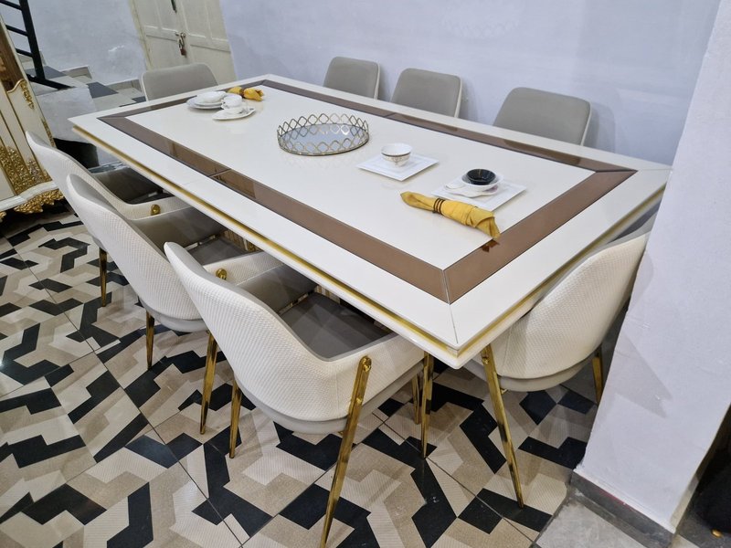 Modern Luxury Off-White & Gold 8-Seater Dining Set and Shared Spaces