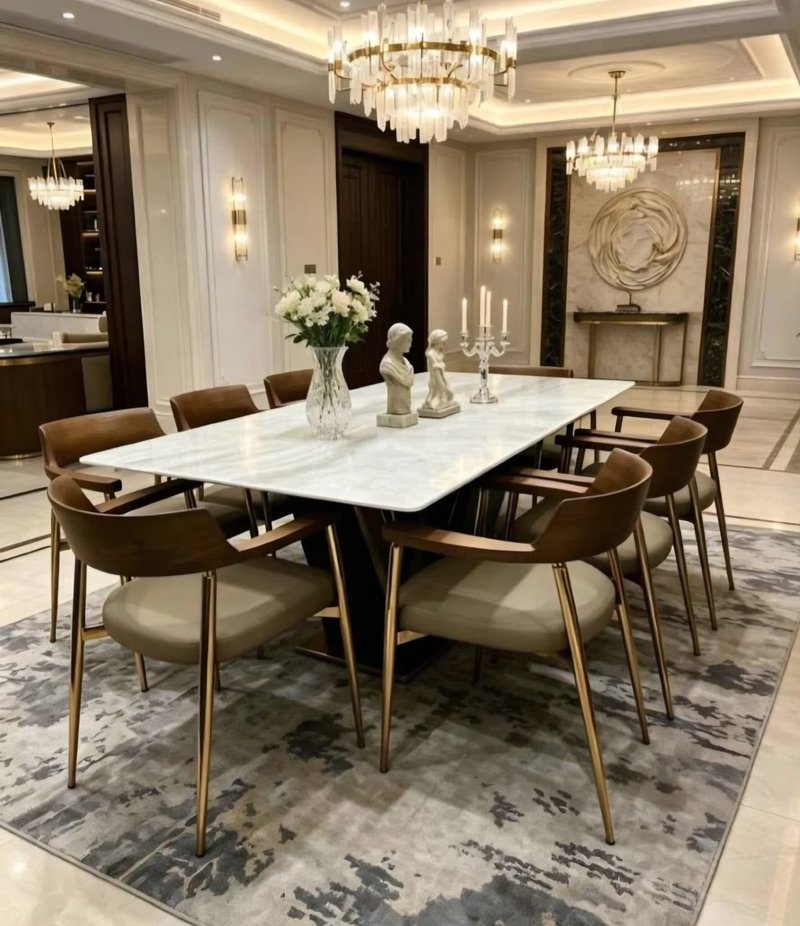 Modern Luxury White Marble Dining Set with 8 Walnut Armchairs